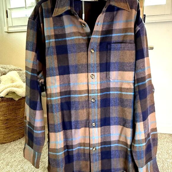 Madhappy Flannel Shirt Plaid Wool Brown Blue Cabincore Oversized Size M or L - Picture 4 of 12